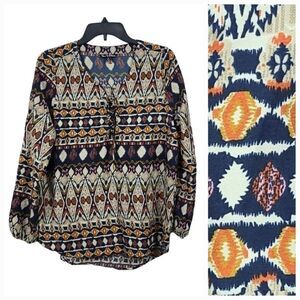 Earthy Brown Bohemian Tribal Lace Up V-neck Peasant Blouse Colorful Top